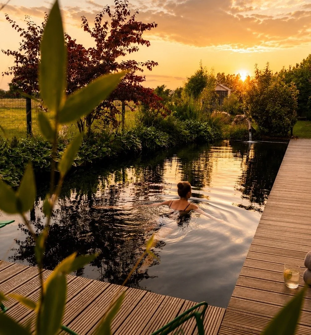 A guest swimming in a natural pond at sunset, surrounded by lush planting and timber decking.