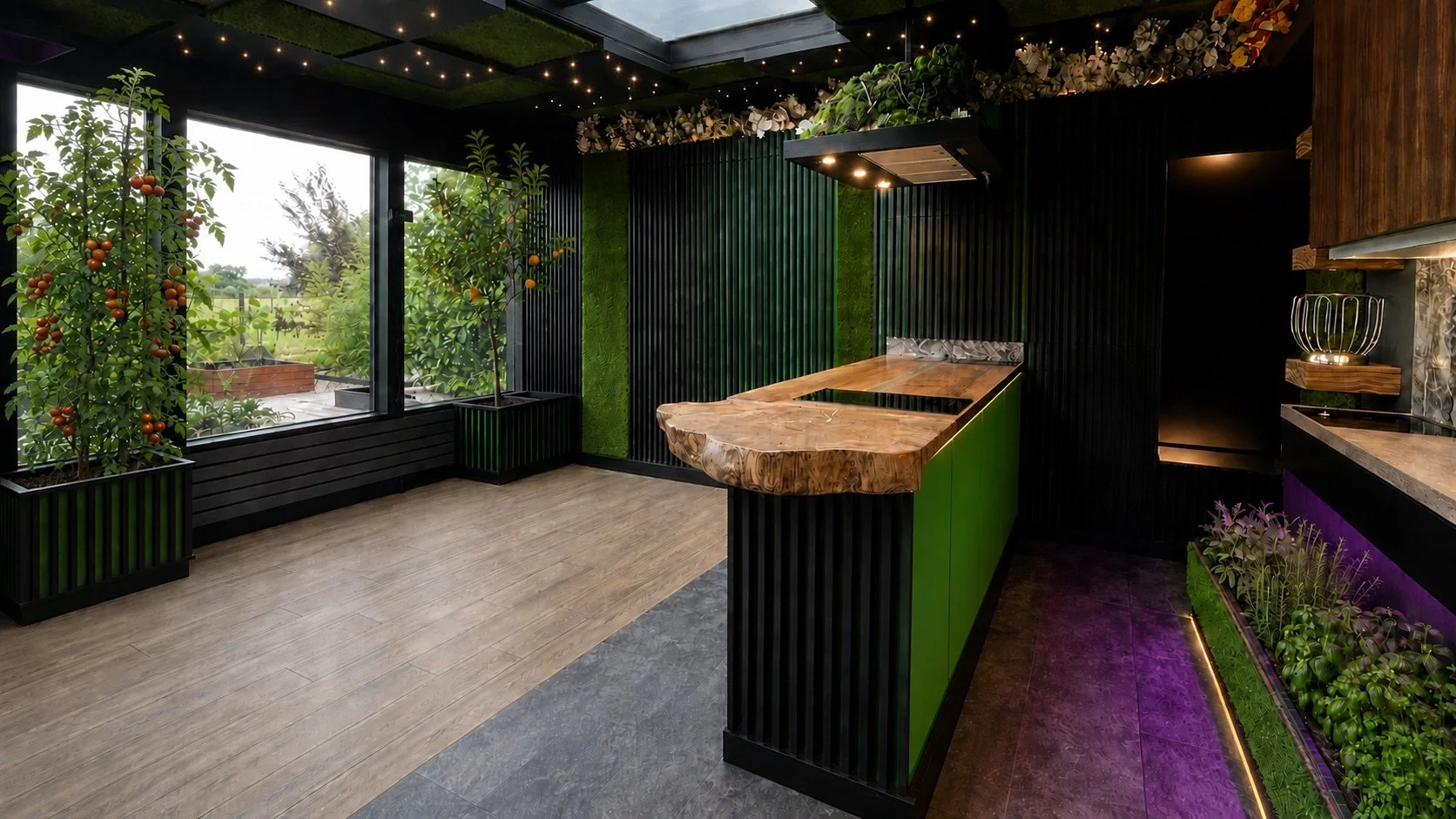Complete K·HAUS bespoke kitchen with green island, integrated planting and architectural lighting