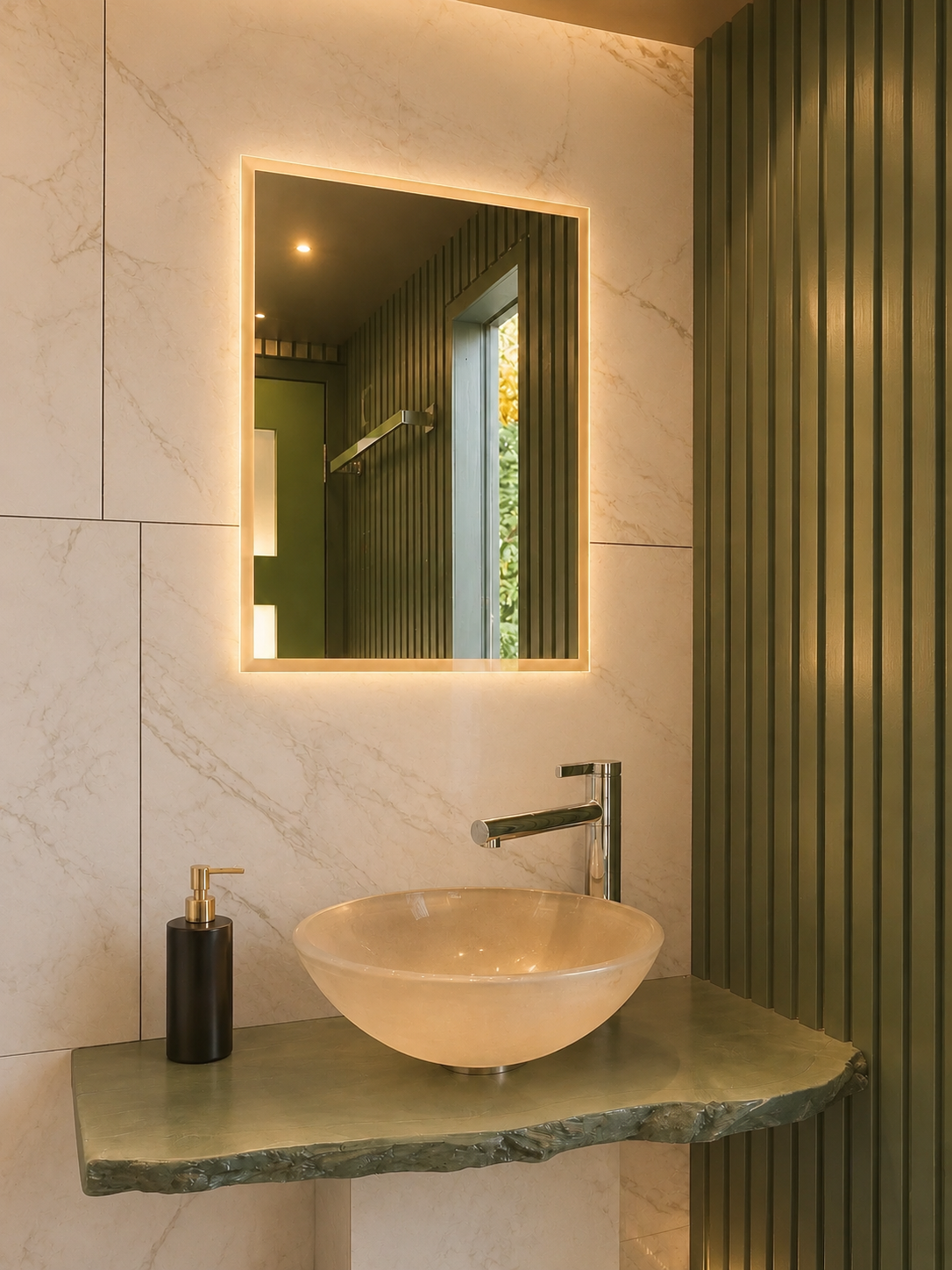 Sage basin shelf with glass bowl and illuminated mirror inside the PLUVIA outdoor shower room