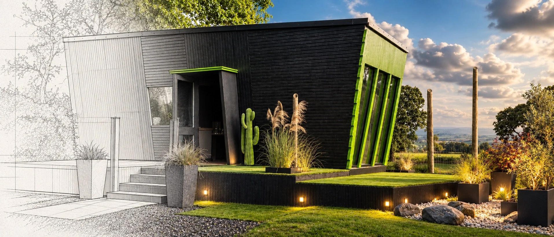 NOCTURNE by MXN DESIGN transitioning from an architectural drawing into the completed building and landscaped setting in the Ribble Valley