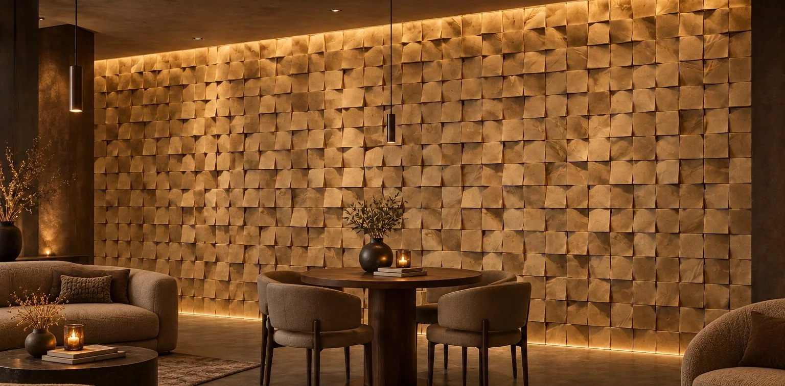 Warmly lit sculptural timber feature wall in an elegant lounge with sofas and a central round table.