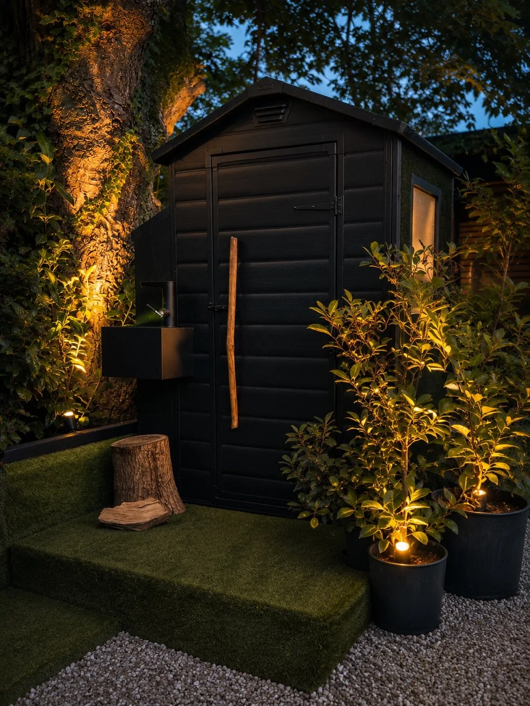 Front view of a black timber garden outhouse framed by mature trees, planting and warm landscape lighting.