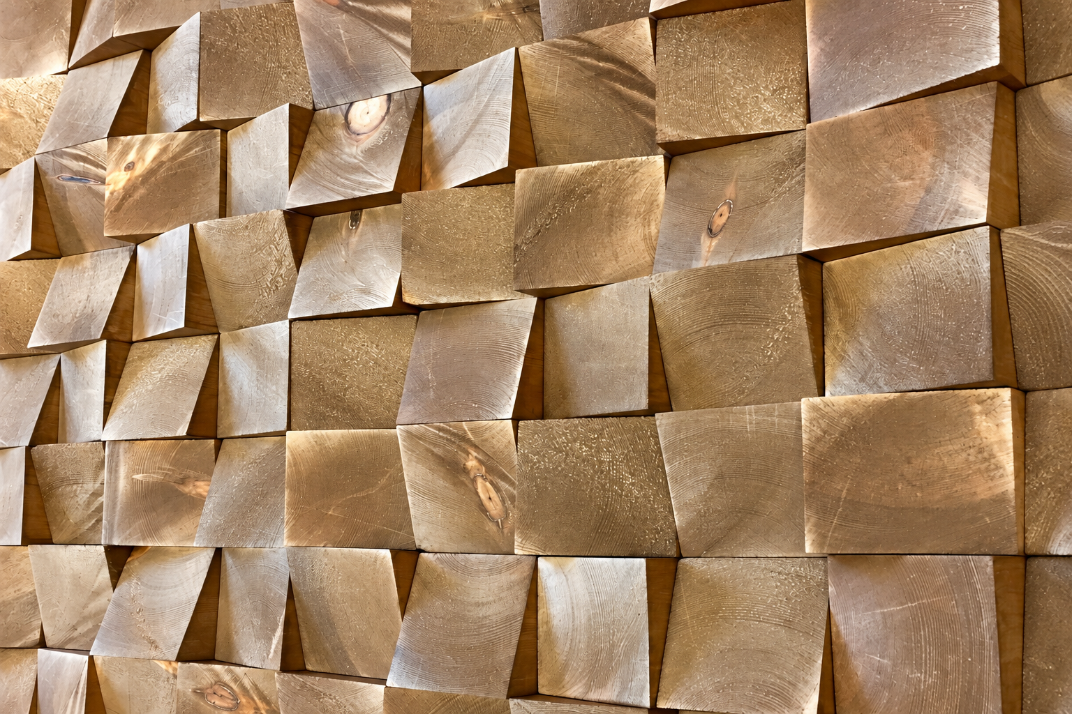 Close-up of handcrafted sculptural wooden wall art with warm gold and natural wood finishes