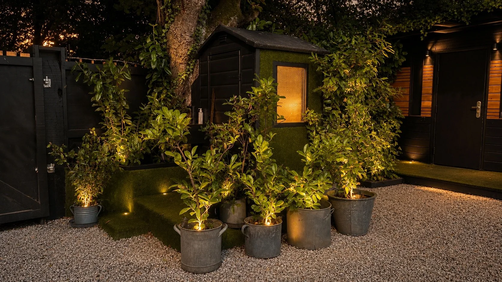 Black timber outhouse surrounded by illuminated potted planting at dusk, with warm light glowing from inside.