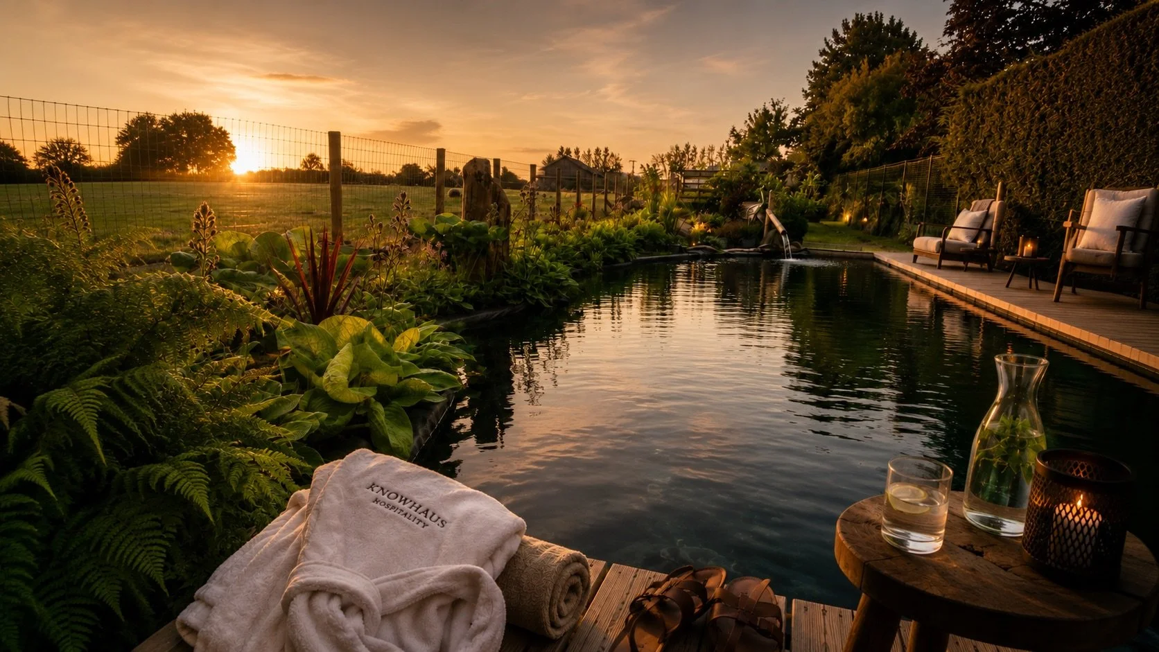 Natural swimming pond at sunset with timber decking, lush planting and a guest relaxing beside the water.