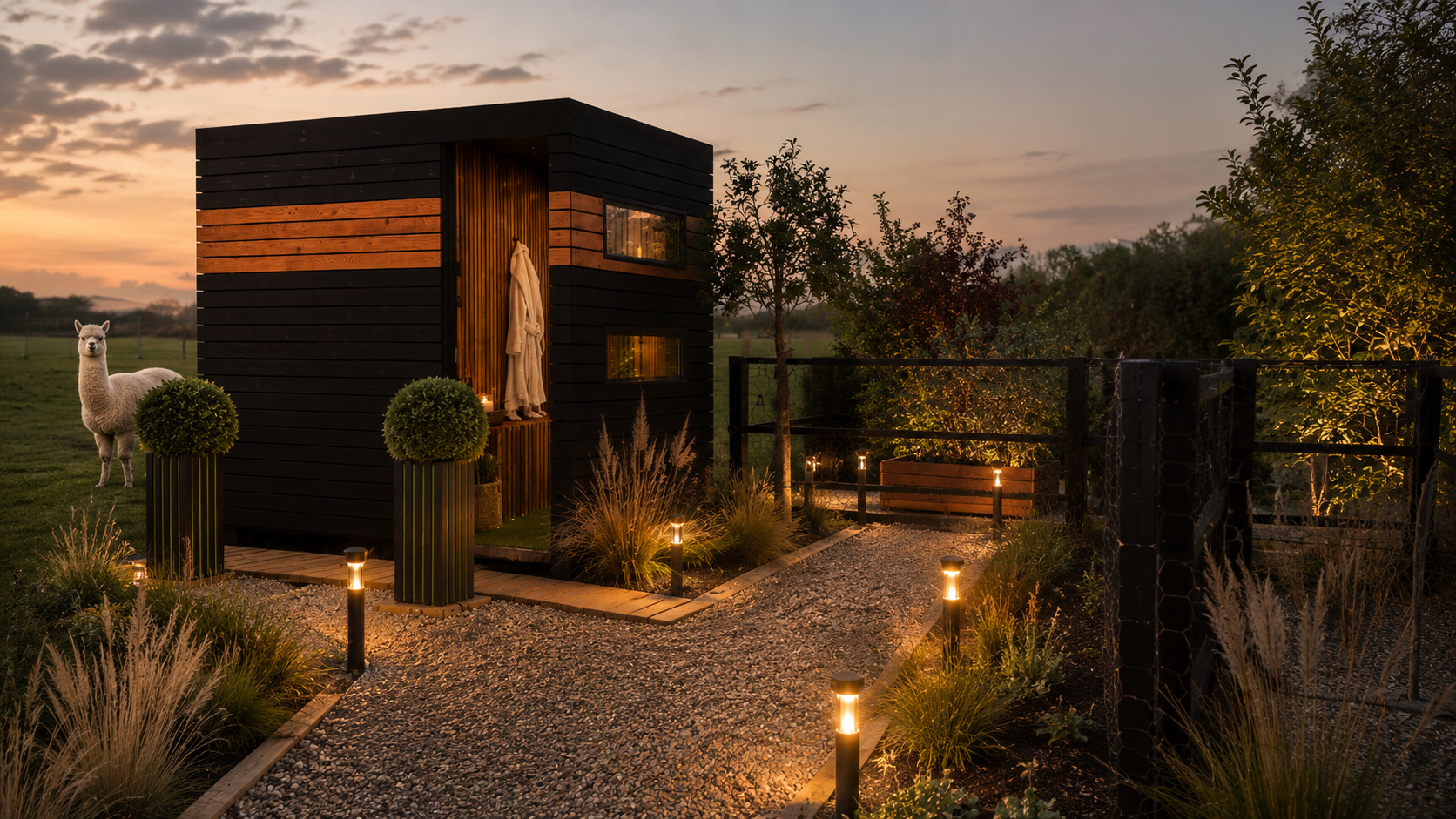 Black timber outdoor shower at dusk, surrounded by illuminated planting and a gravel garden path.