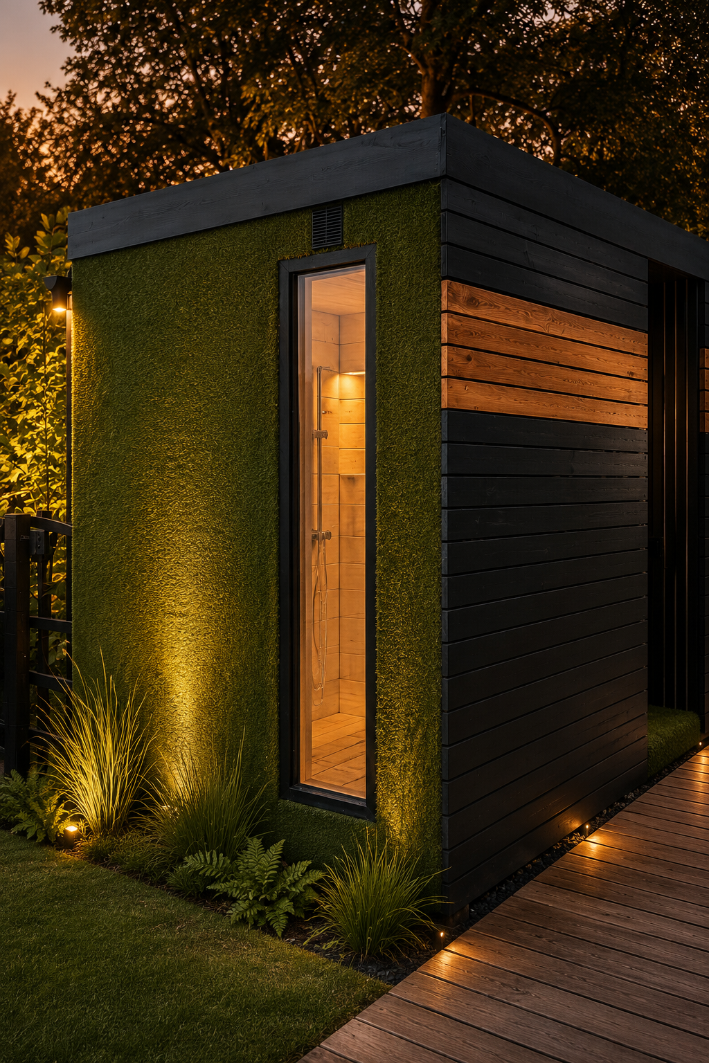 PLUVIA outdoor shower room with integrated architectural lighting after dark
