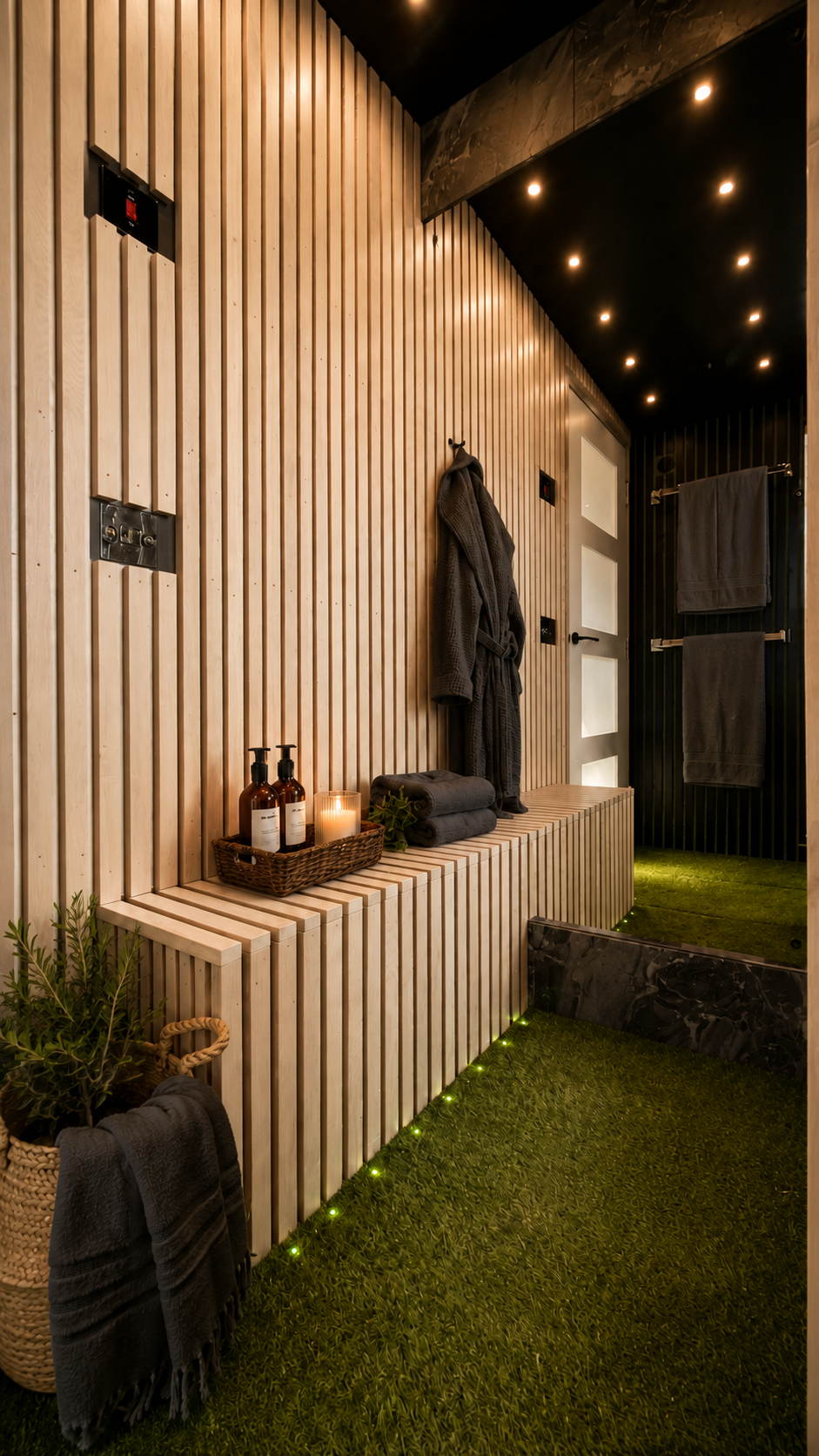 Luxury changing area with pale timber seating, charcoal textiles and concealed floor lighting