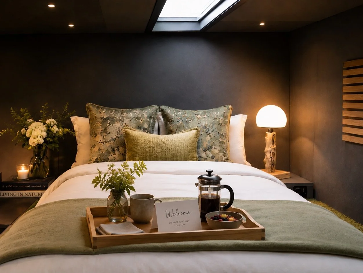 Mezzanine bedroom inside NOCTURNE with a double bed, layered textiles, warm bedside lighting and a rooflight above.