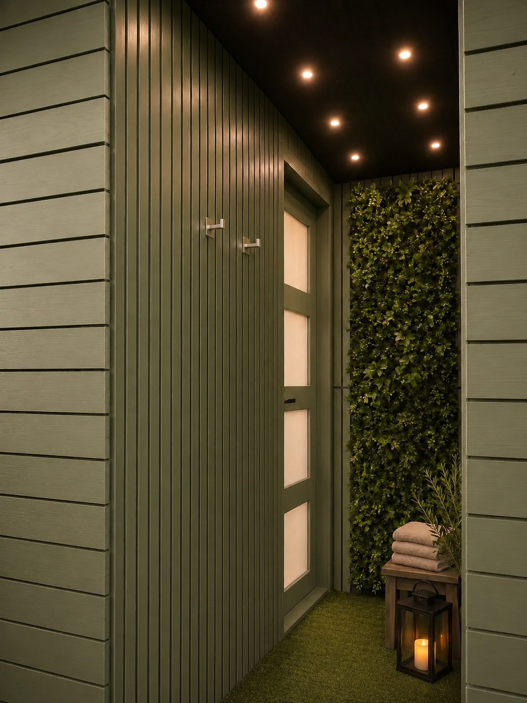 Private lantern-lit entrance to the PLUVIA SAGE luxury outdoor shower room with a living wall