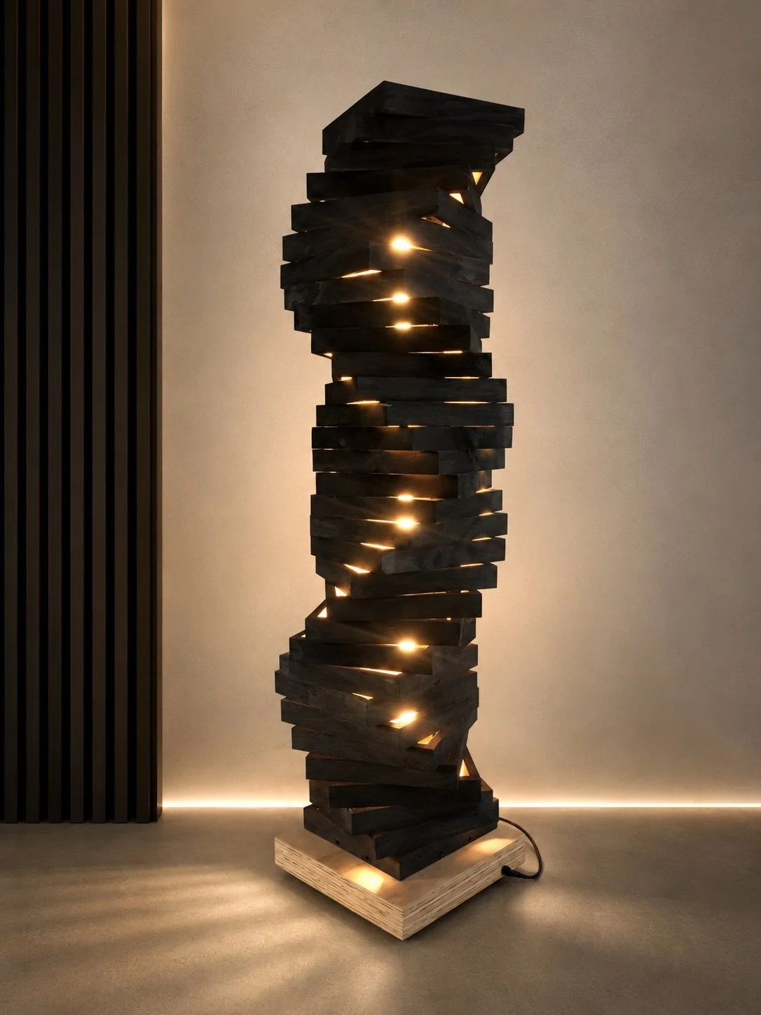 DNA of Light, a tall sculptural floor lamp formed from 32 rotating black plywood frames with warm light glowing through the spiral.