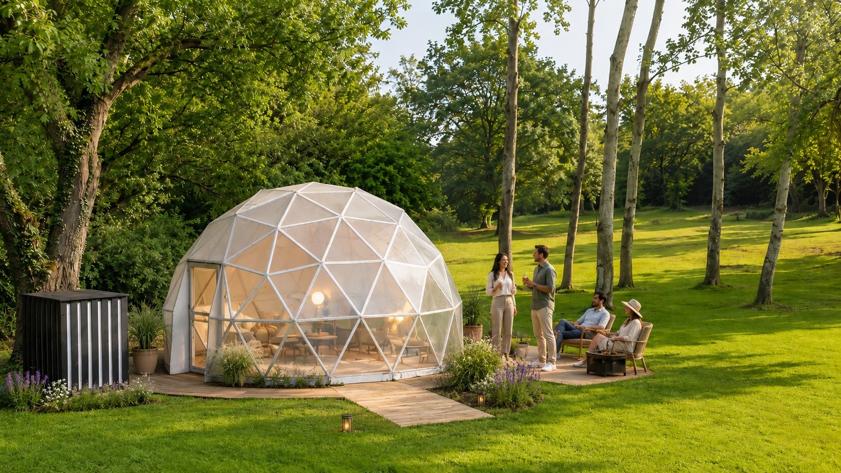 A transparent geodesic dome in a landscaped woodland setting, with guests relaxing outside among the trees.