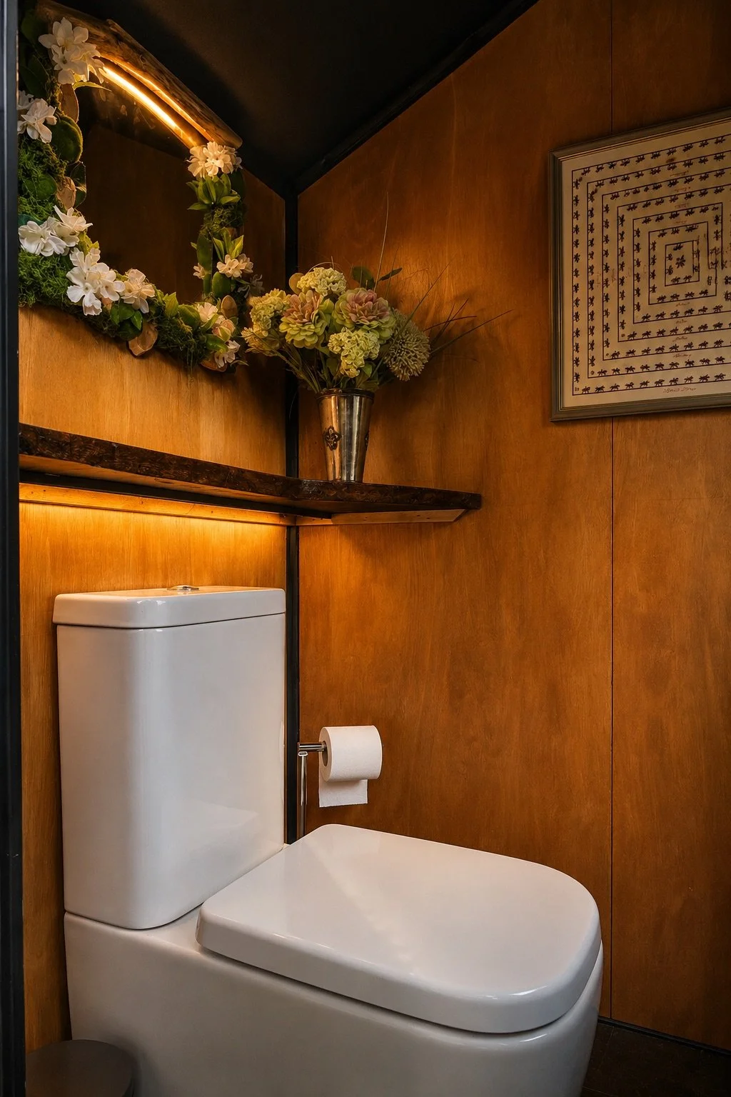 Warm timber-lined outhouse interior with a modern white toilet, live-edge shelf and integrated amber lighting.