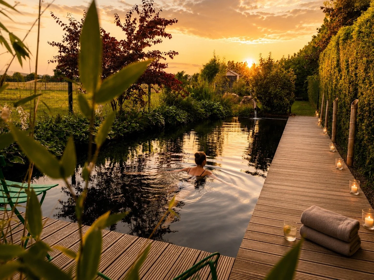 A guest swimming through a natural swimming pond at sunset, surrounded by tropical planting and timber decking.