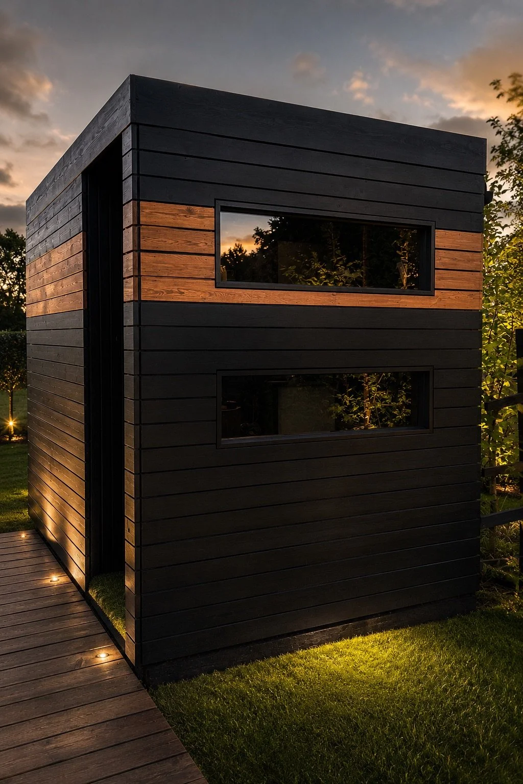 PLUVIA contemporary outdoor shower room with black timber cladding, cedar-framed windows and architectural lighting