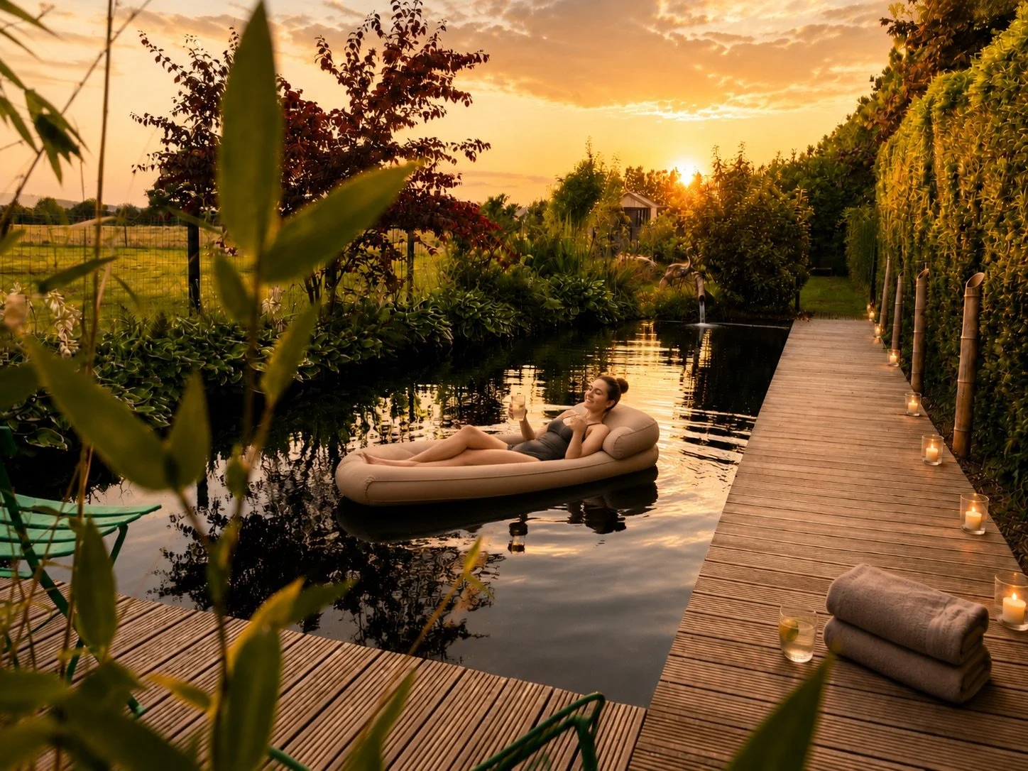 A guest relaxing on a floating daybed in a natural swimming pond at sunset, framed by lush planting and warm evening light.