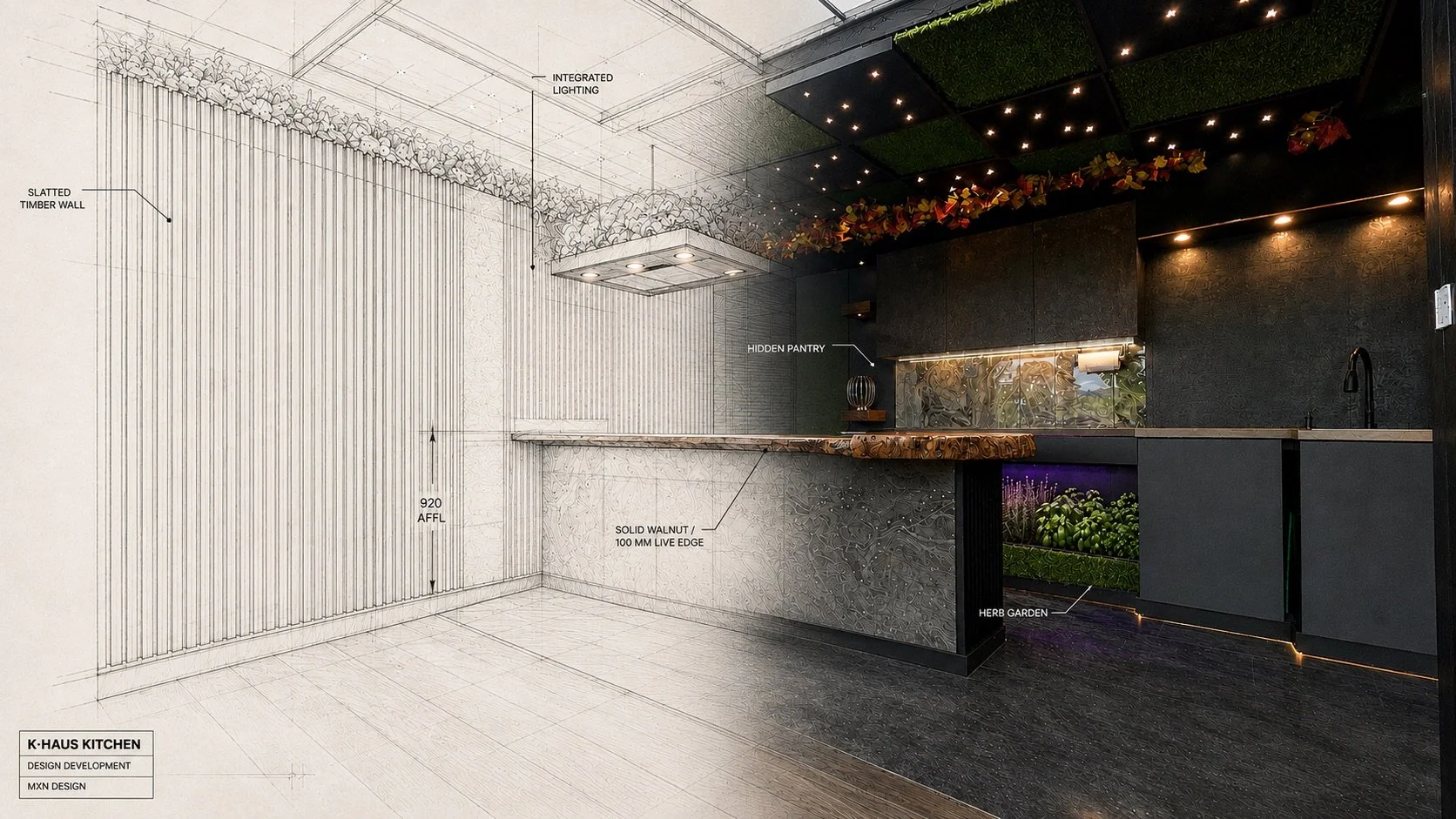 Custom K·HAUS kitchen island with characterful timber worktop and garden-facing induction hobs