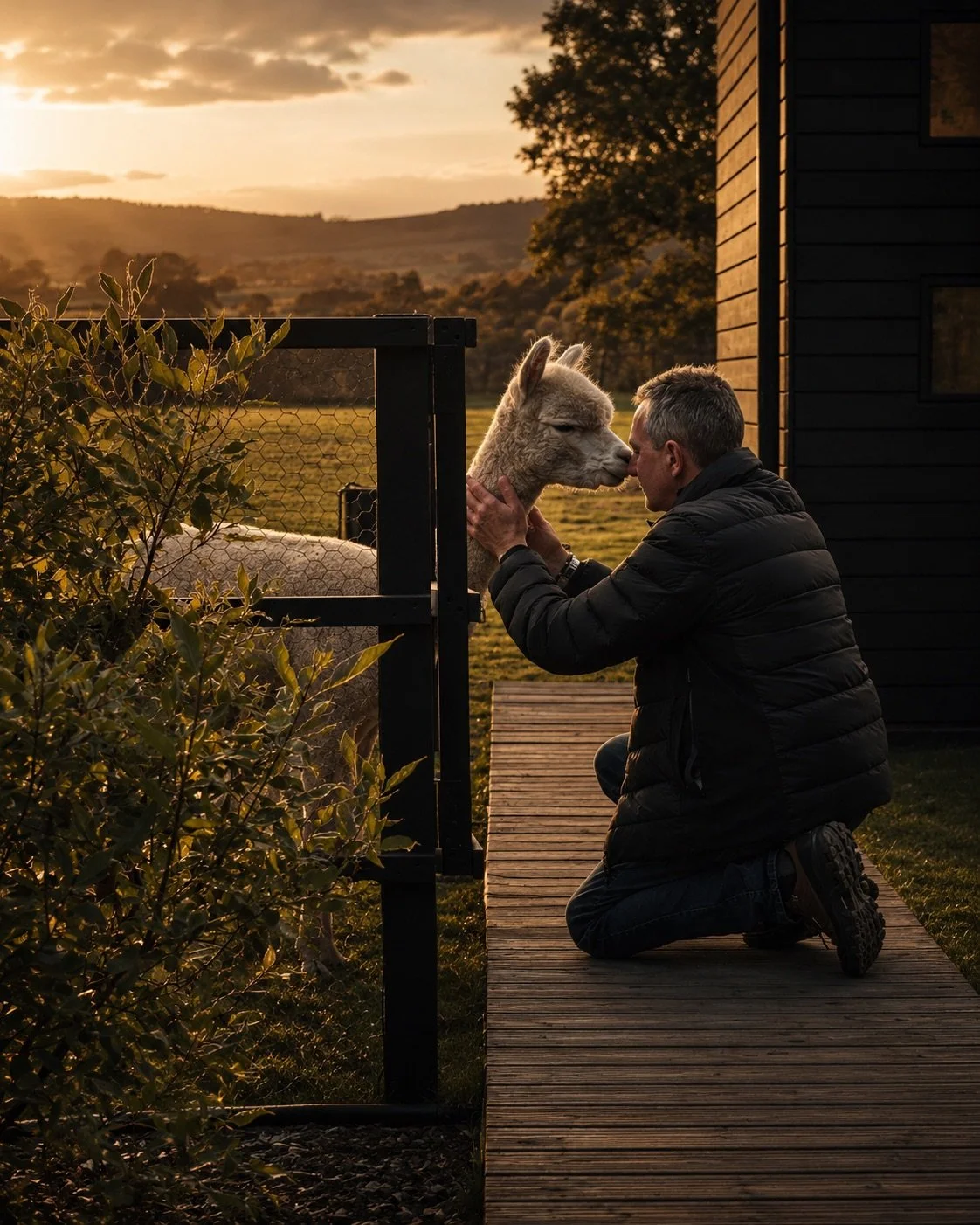 MXN DESIGN founder Maximilian kneeling beside his alpaca at sunset outside the studio in the Ribble Valley.