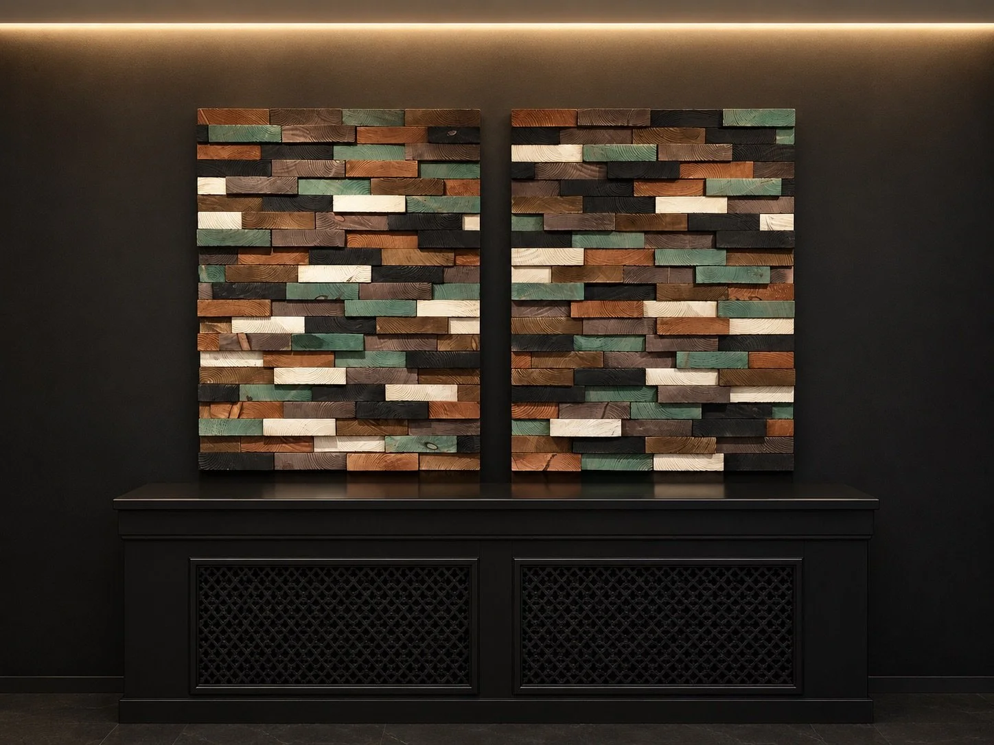 Two rectangular timber relief artworks in sage green, warm brown, cream and charcoal above a black sideboard.