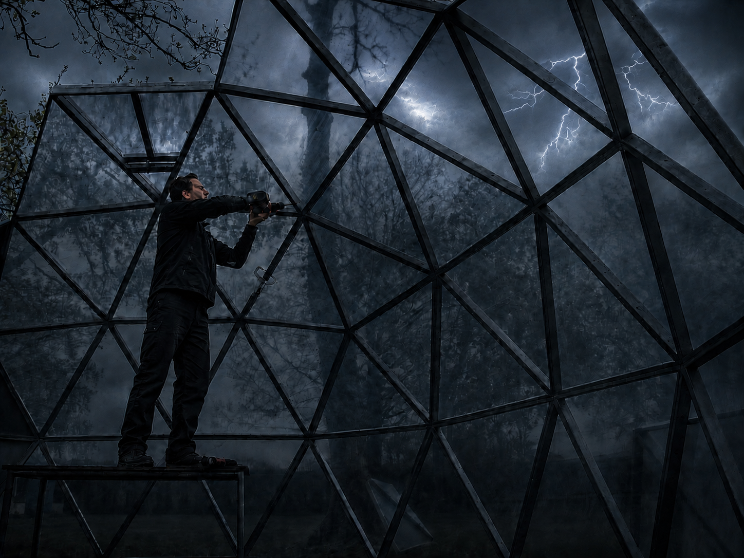 No avocado. No handmade coffee cup. Just steel, rain and a cordless drill, building a geodesic dome because buying one would have been less interesting.  This is where design stops being an image and becomes something real.