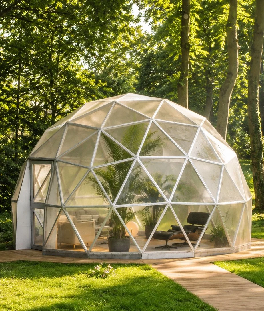 Transparent geodesic dome in mature woodland, furnished as a distinctive hospitality retreat structure.