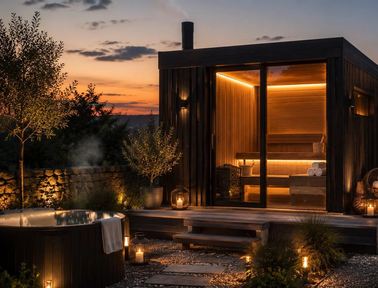Black timber outdoor sauna glowing at dusk, surrounded by landscaped planting and warm exterior lighting.