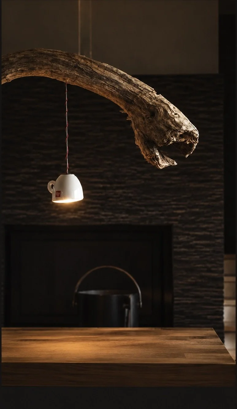 Coffee Light, a sculptural driftwood lamp with a suspended espresso cup illuminated beneath the natural timber form.