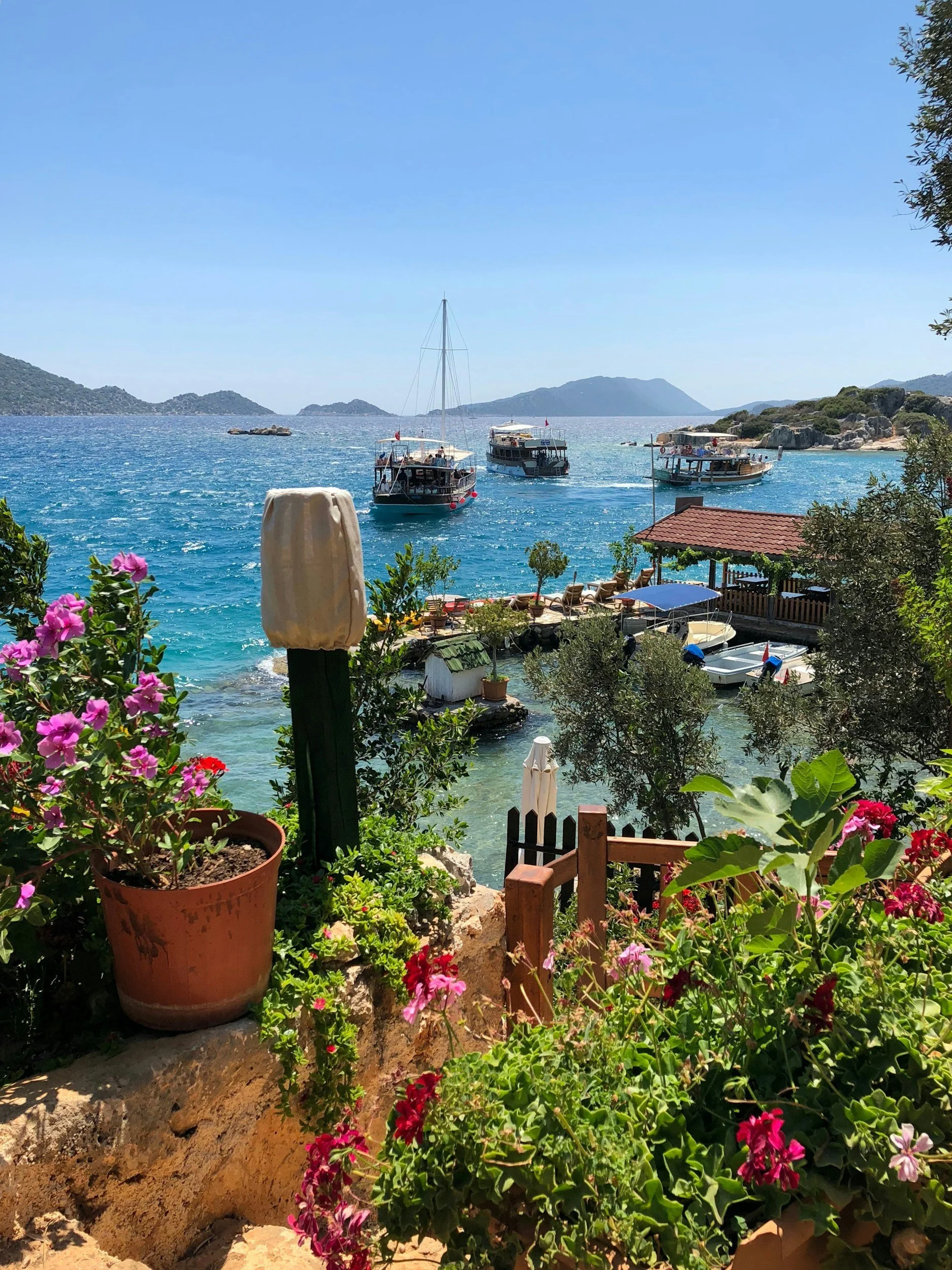 A view of a coastal area with boats on water, a small building with a red roof, and plentiful flowers and greenery in the foreground.