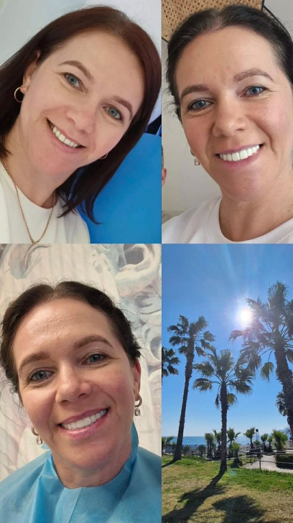 A collage of four images: top left is a woman with red hair smiling, top right is a woman with dark hair smiling, bottom left is a woman with dark hair in medical attire smiling, and bottom right is a view of palm trees and a blue sky with the sun sh