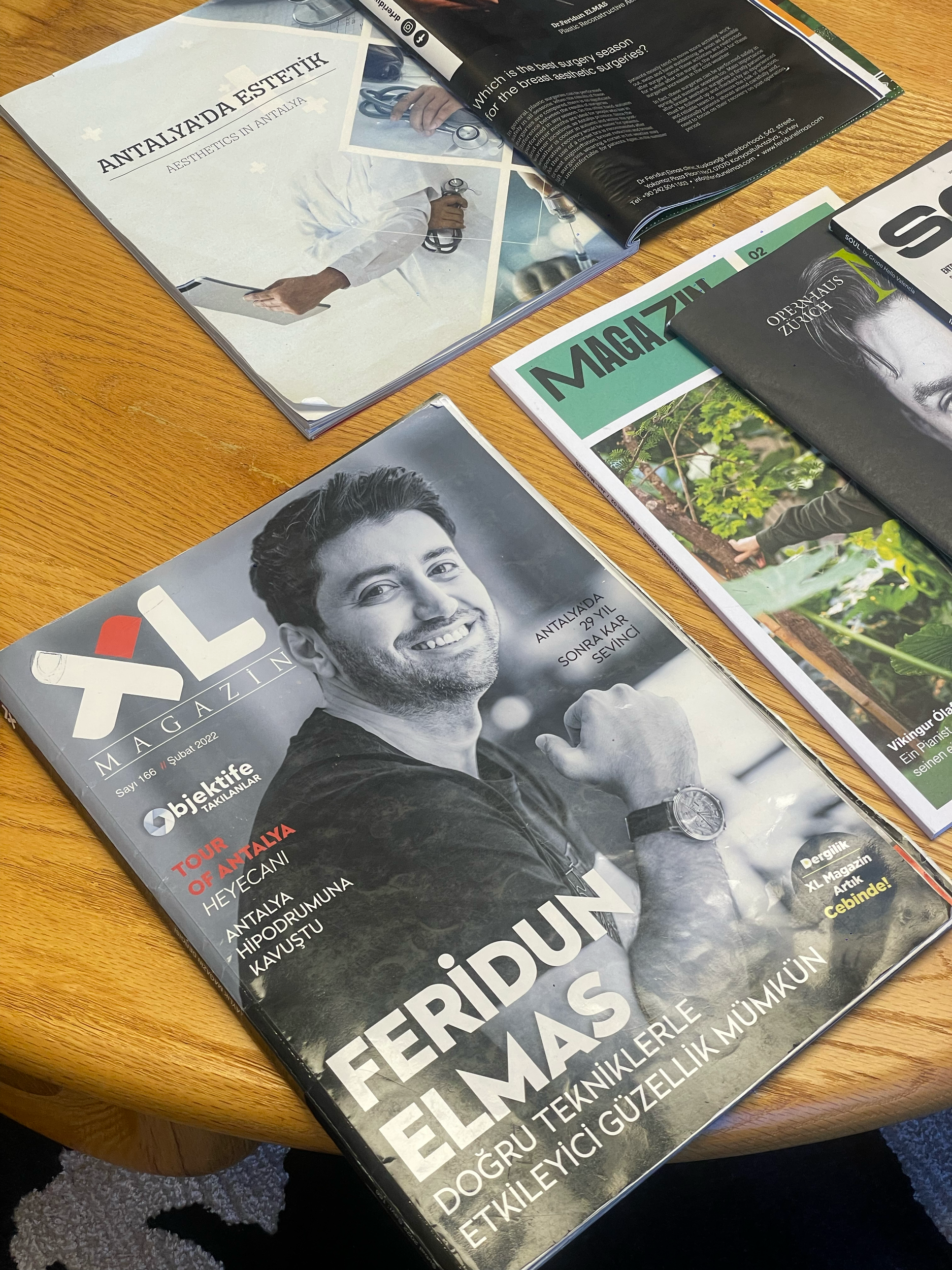 Several magazines and brochures spread out on a wooden table, featuring images of a person with a beard, a green garden, and health-related content.