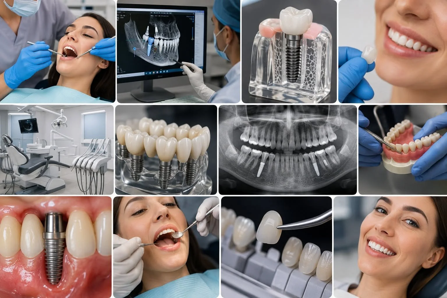 Collage of dental procedures and dental care. Includes a patient at the dentist, dental X-rays, dental implants, dental crowns, dental equipment, and a smiling woman.