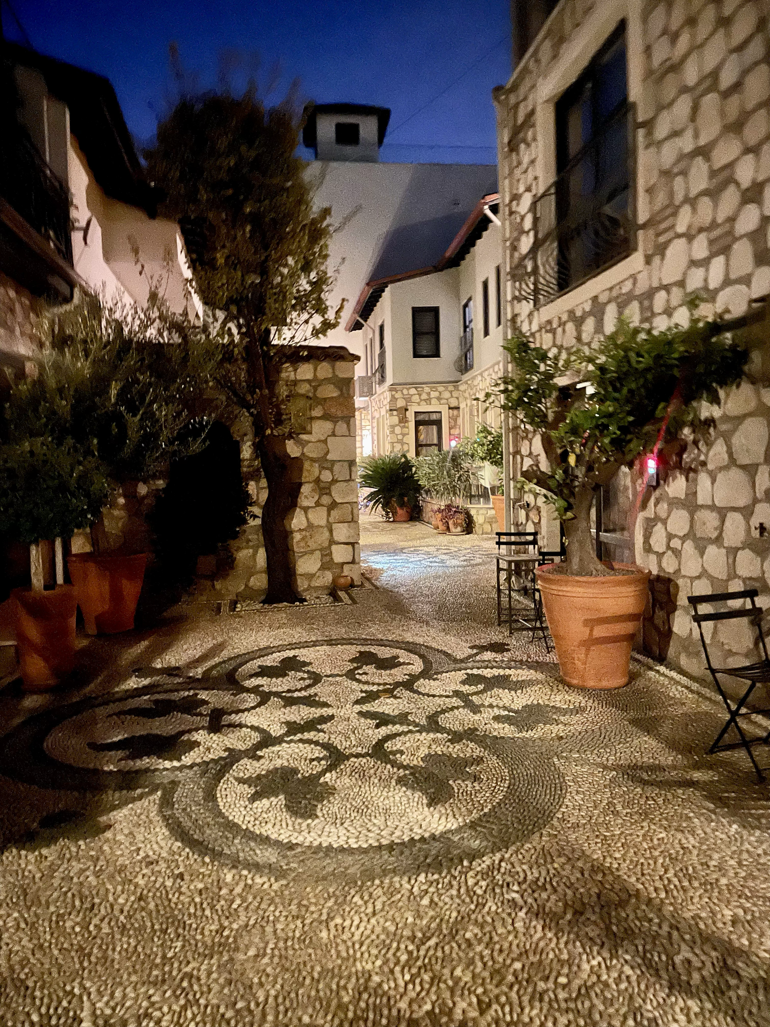 A courtyard with a mosaic stone walk featuring a swirling black and white pattern, potted plants, trees, and buildings with stone and stucco facades, seen at dusk or night.