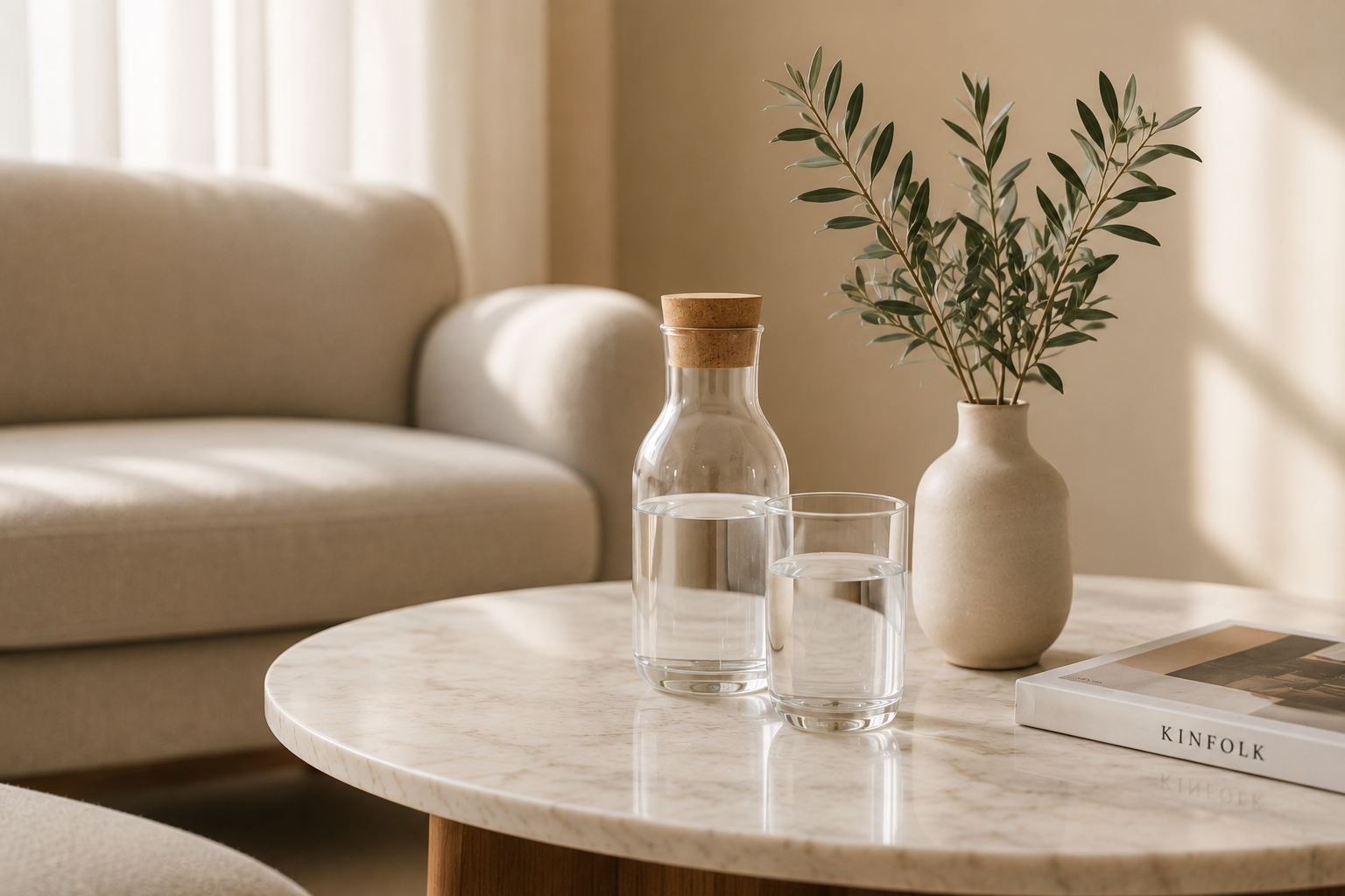 A marble coffee table with a glass water bottle, a glass of water, a white vase with green foliage, a book titled "Kinfolk," and a beige sofa in a sunlit room.