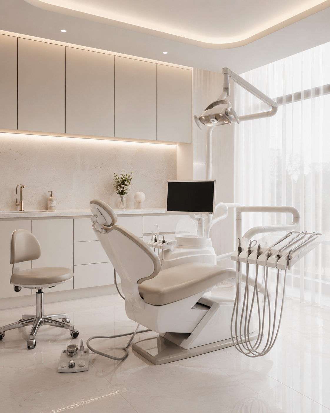 Modern dental clinic room with a dental chair, dental equipment, and a computer monitor, featuring white and beige tones, bright natural light, and minimal decor.