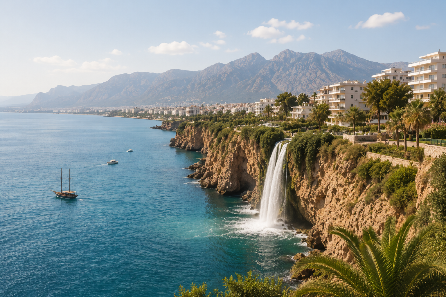 Coastal scene with a waterfall cascading over cliffs, residential buildings, and mountains in the background, boats floating on calm blue water, and palm trees in the foreground.