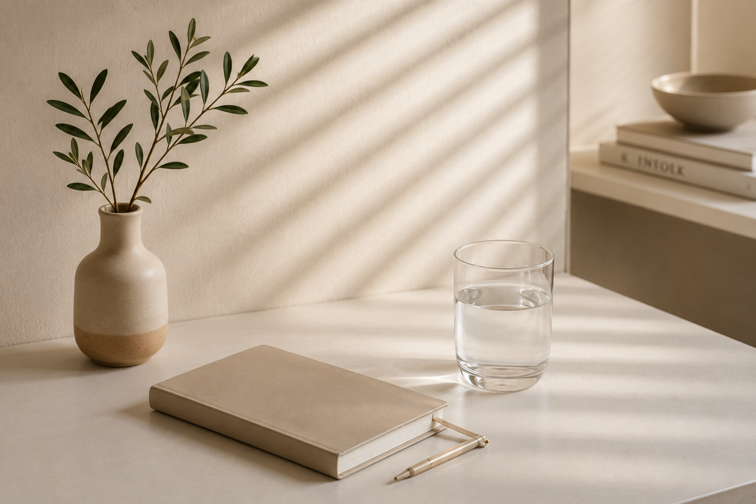 A beige vase with green leaves, a beige notebook with a small gold pen, a glass of water, and a stack of books and a bowl on a white surface in soft natural light.