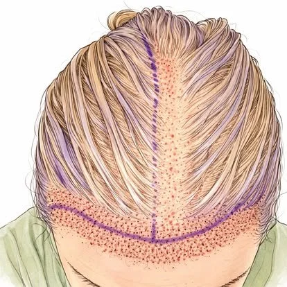 Drawing of a person's scalp with surgical markings and dots, indicating an area for a hair transplant or medical procedure.