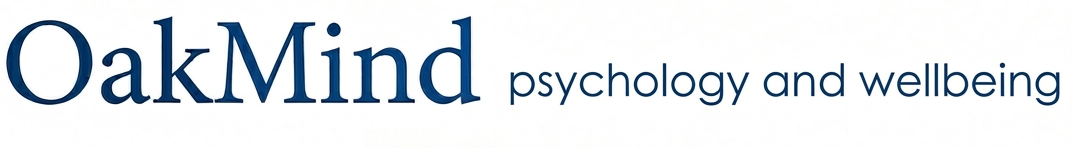 OakMind psychology and wellbeing logo with stylized text