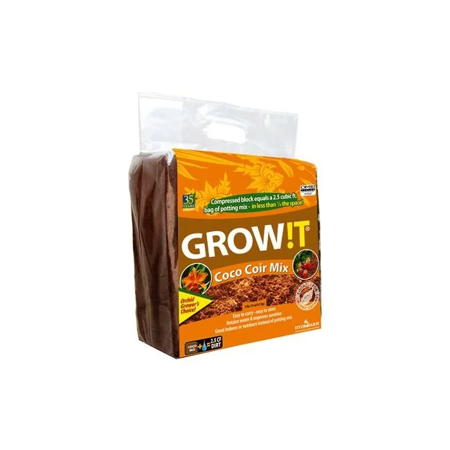 Bag of Grow! Coco Coir Mix for growing plants, with a resealable top, orange and green label, and images of flowering plants.