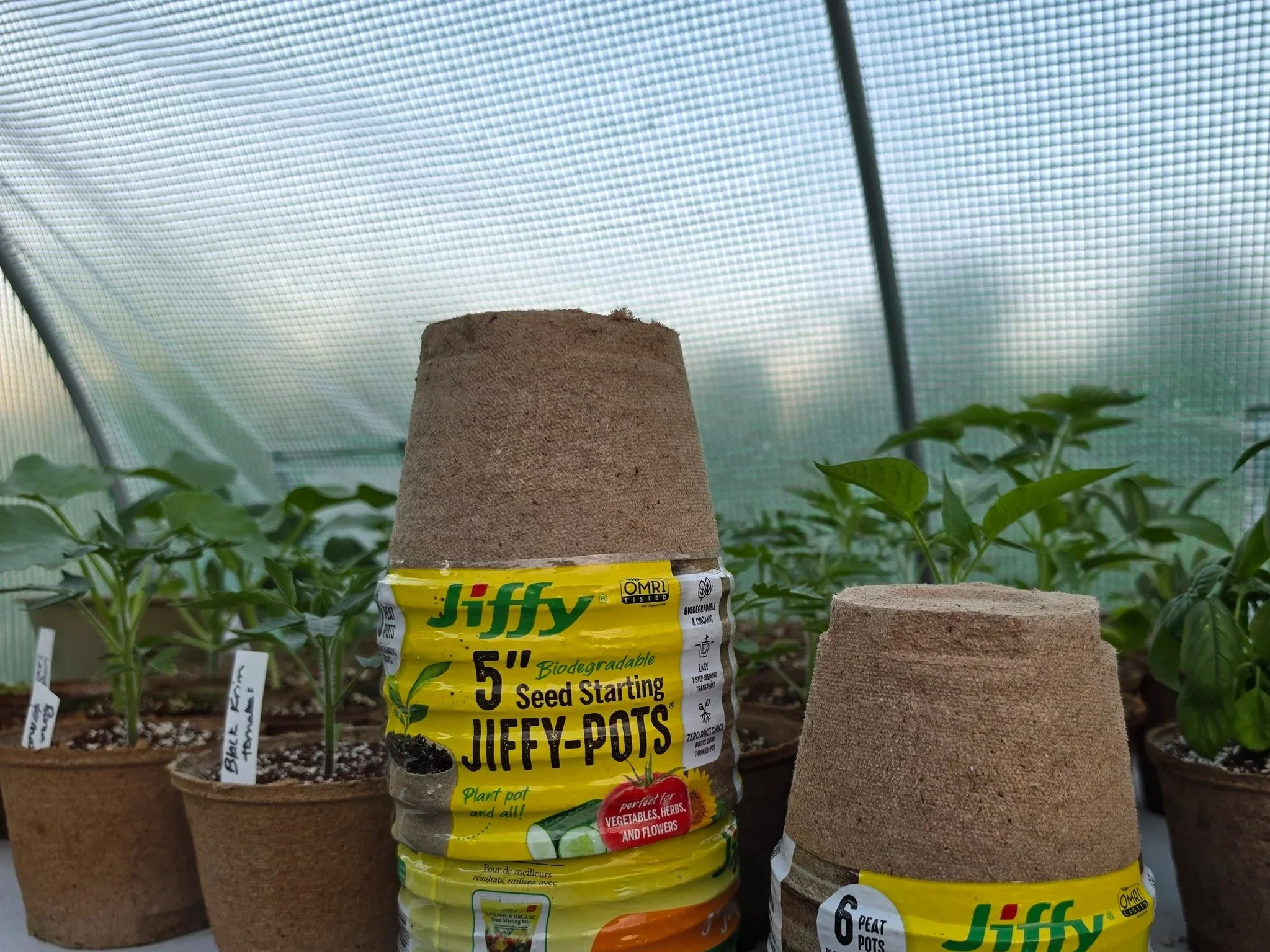 A greenhouse with potted plants and a bag of Jiffy seed starting mix in the foreground.