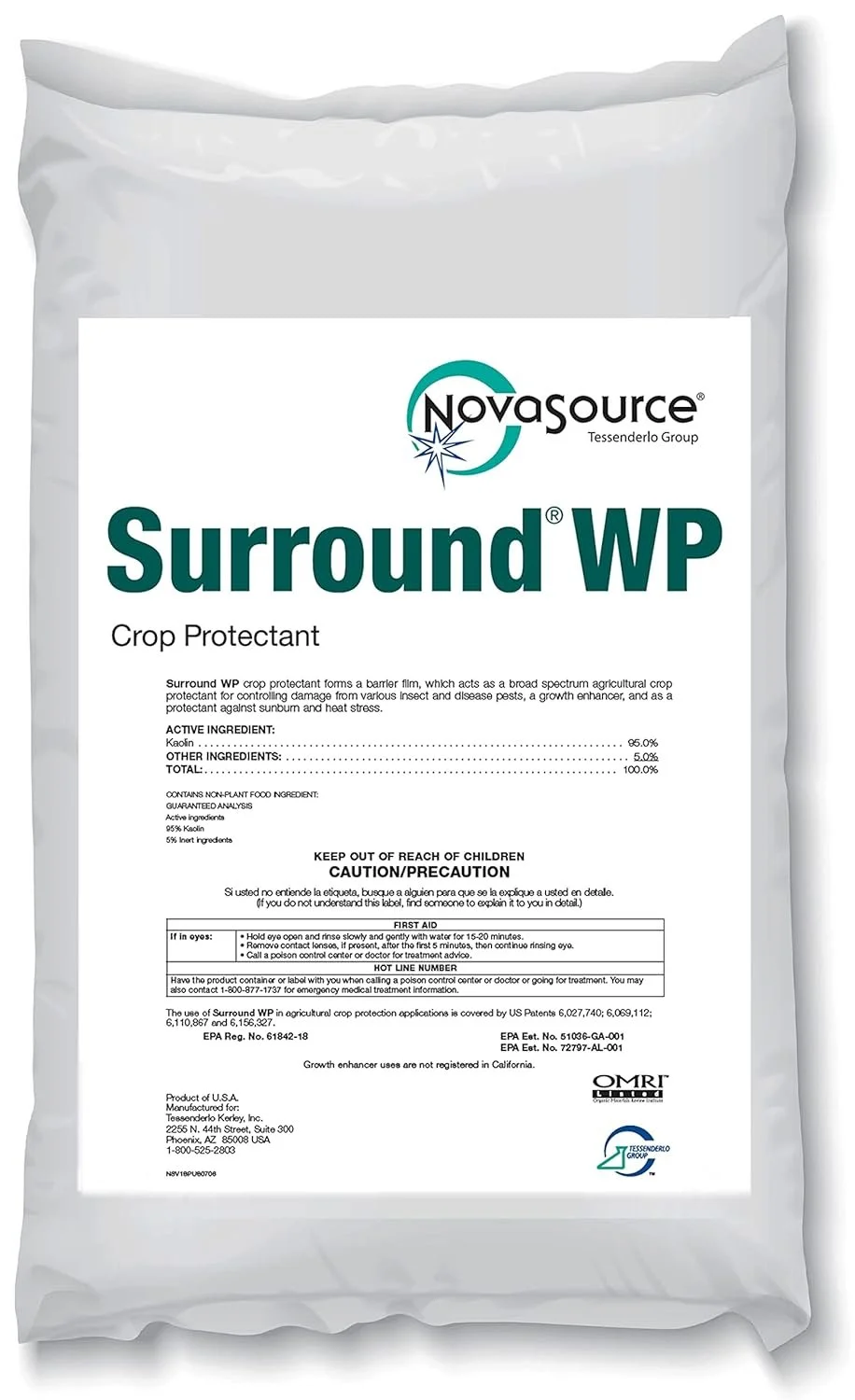 White bag of Novasource Surround WP crop protectant powder with label detail.