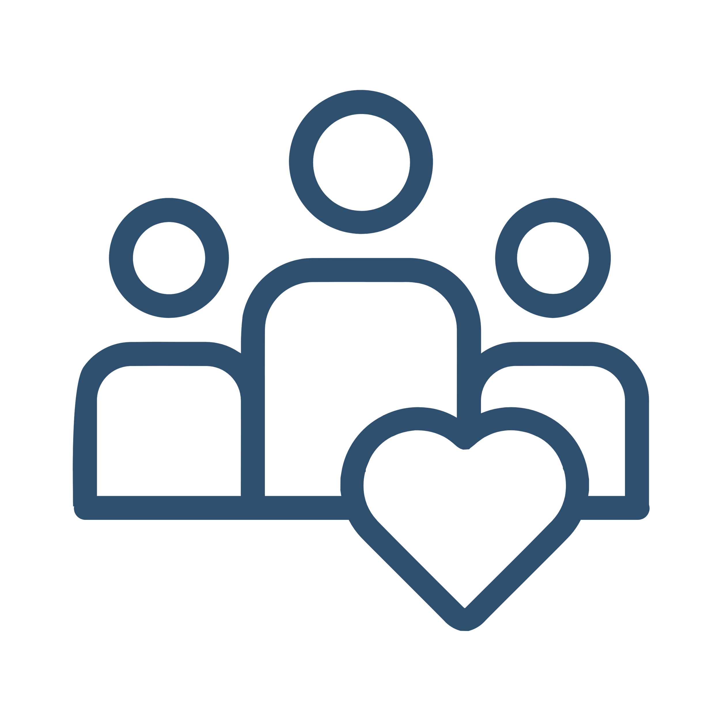 A digital icon composed of a large person silhouette surrounded by four smaller circles, all in dark blue, representing community, users, or social network.