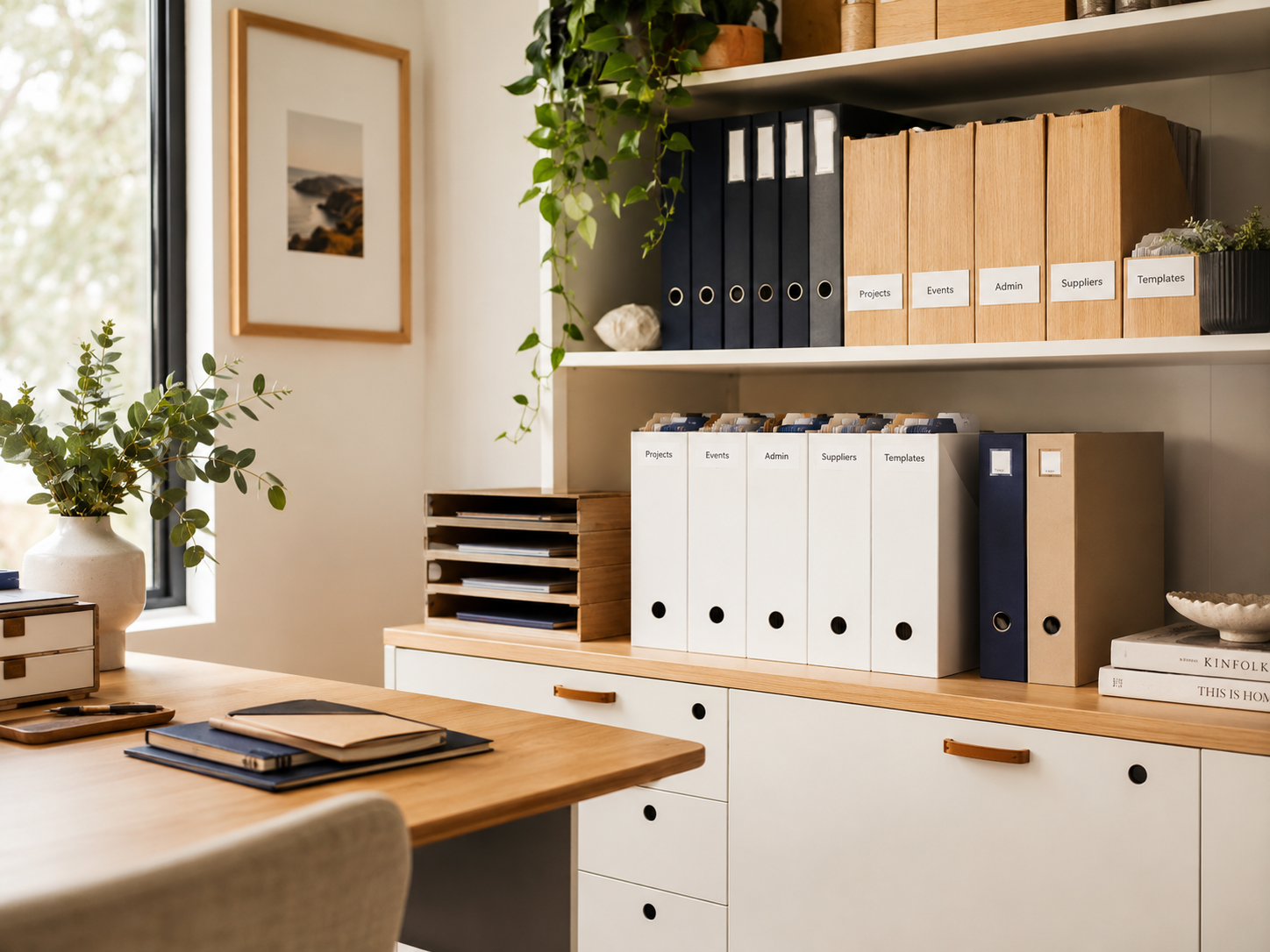 Home office with wooden desk, books, folders, and a window with greenery outside. Shelves with labeled binders in various colors and a potted plant.