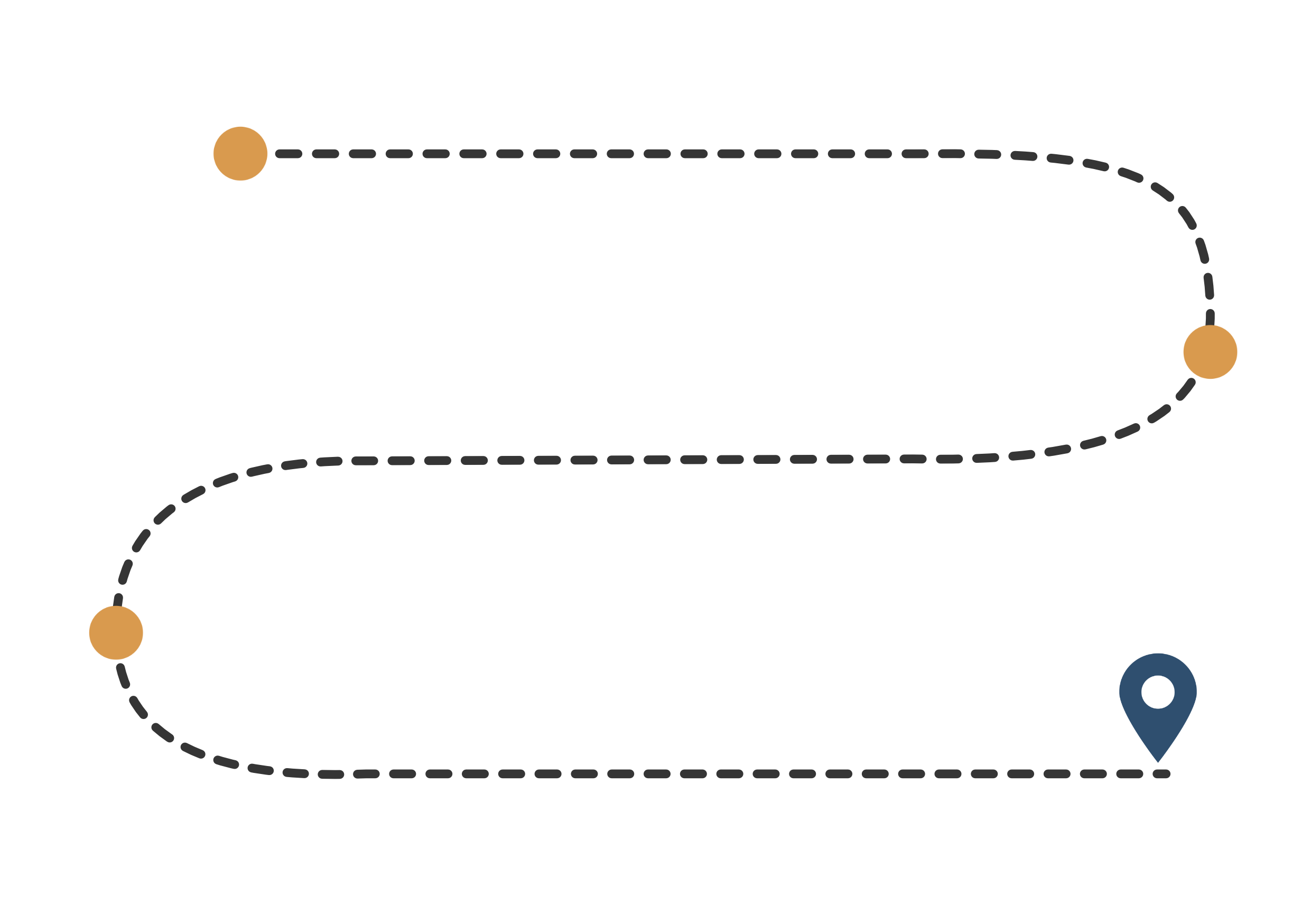 A digital illustration of a roadmap showing an orbit with three points connected by dashed lines, a blue point with a location marker icon, and a dark background.