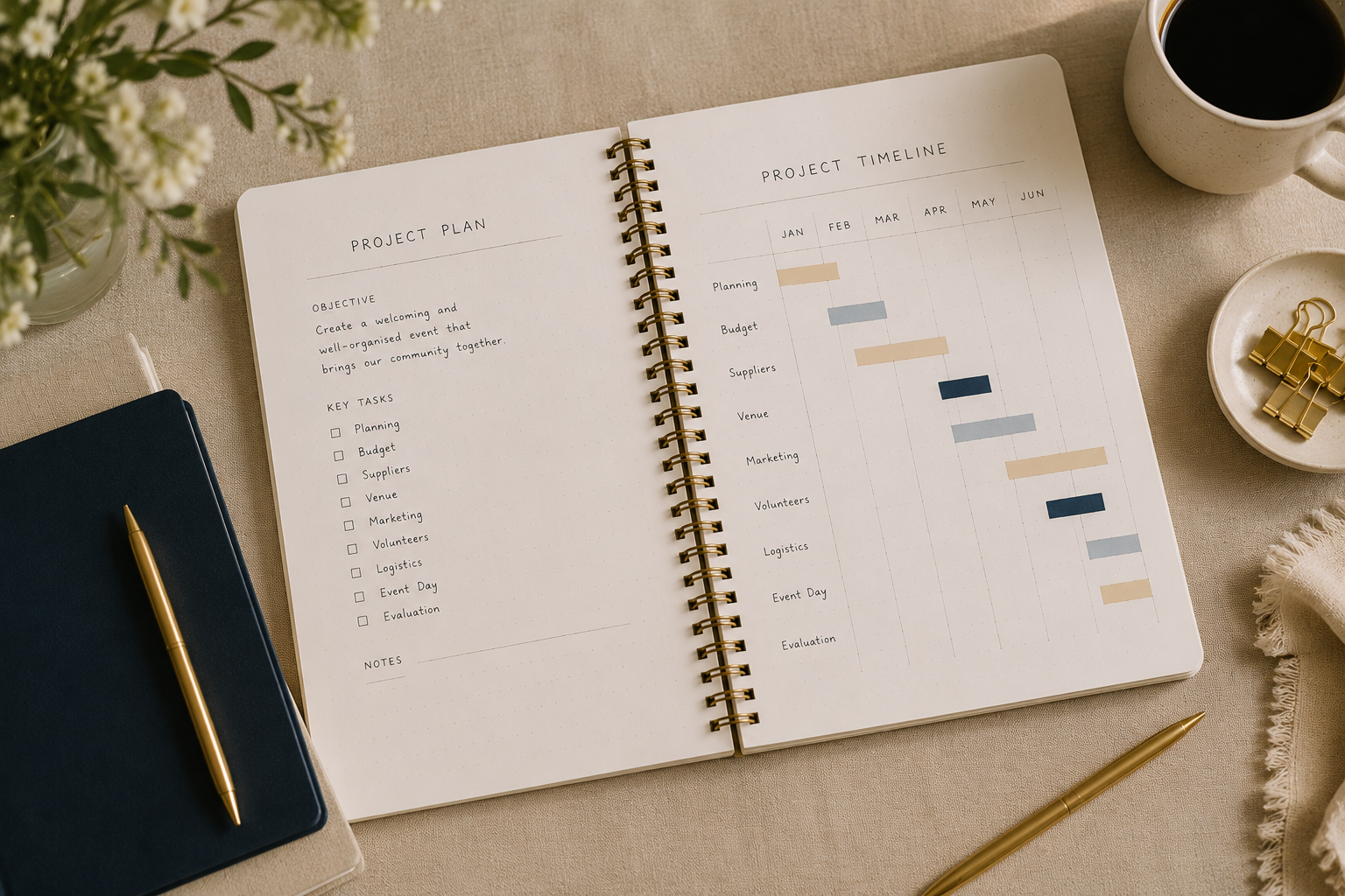 Open spiral notebook with a project plan on the left page and a project timeline on the right page, alongside a cup of coffee, a dark blue notebook with a gold pen, and some gold binder clips on a beige surface.