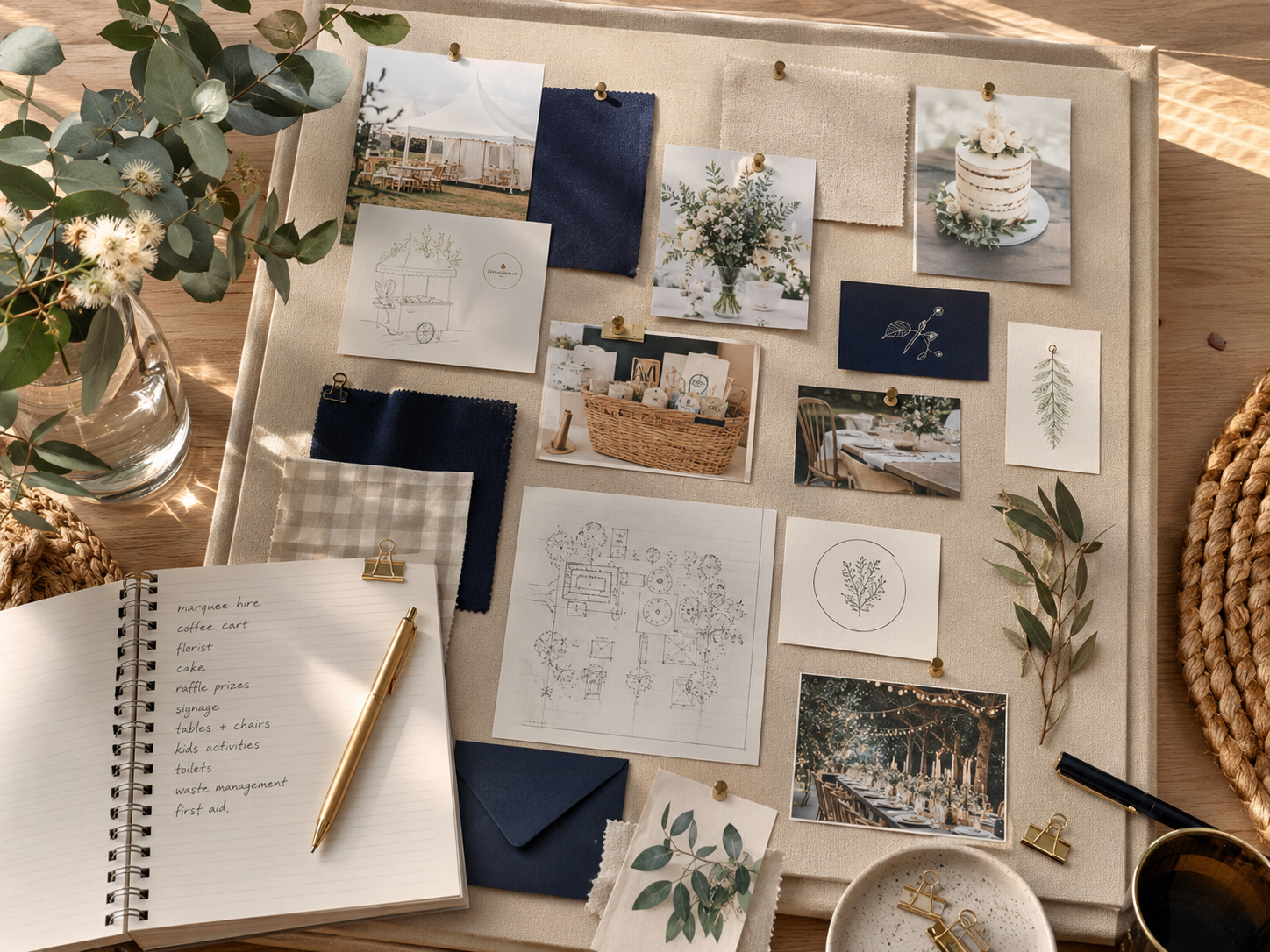 A planning board with photos, fabric swatches, sketches, and notes for an event, decorated with green leaves, on a wooden table with a vase of eucalyptus, a notebook with a list, and various clips and pens.