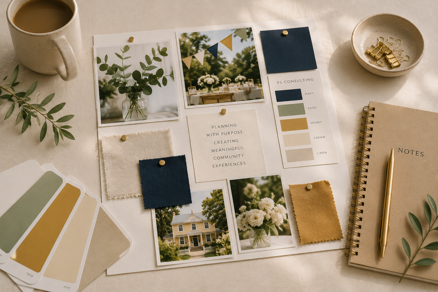 A planning board with photos, fabric swatches, color samples, and notes, along with a notebook labeled 'Notes,' a gold pen, a cup of coffee, and small containers with clips and pins on a table decorated with greenery.