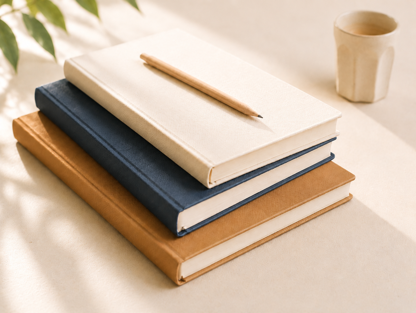 A stack of three hardcover notebooks in beige, navy, and brown, with a wooden pen resting on top, on a light-colored surface, with a small beige cup and some green leaves in the background.
