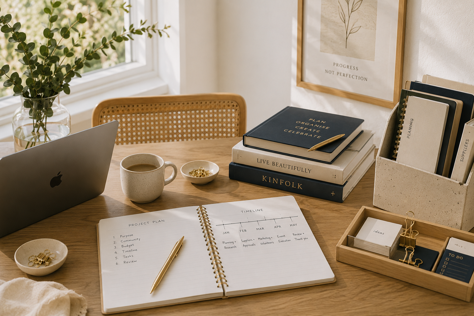 A workspace with a laptop, a cup of coffee, plants, notebooks, a planner, and organizing supplies on a wooden desk near a window.