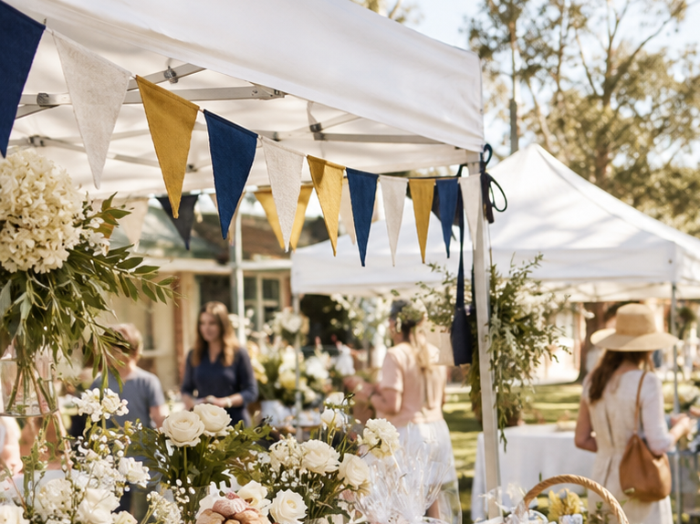 People browsing flower arrangements at an outdoor market with white tents and blue, yellow, and beige bunting.